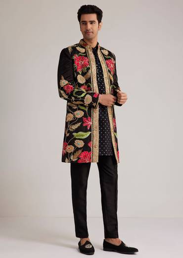 Black Silk Floral Hand Embroidered Indowestern Jacket Set