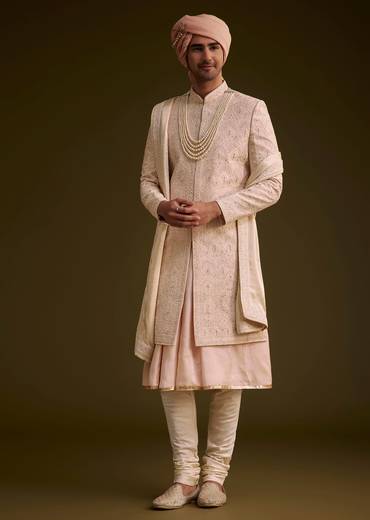 Baby Pink Silk Sherwani Set With Resham Embroidery