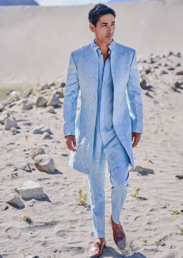Turquoise Embroidered Linen Sherwani Suit