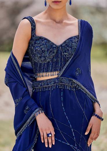 Blue Embroidered Asymmetric Fishcut Crepe Skirt With Blouse And Pallu