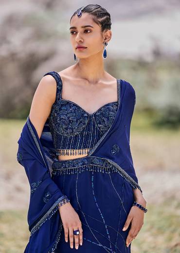 Blue Embroidered Asymmetric Fishcut Crepe Skirt With Blouse And Pallu