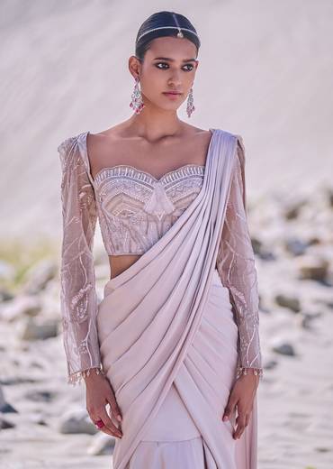 Beige Satin Pre Draped Saree With Embroidered Corset Blouse