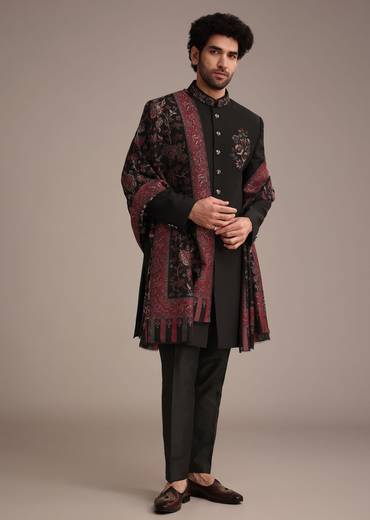 Black Hand Work Sherwani Suit With Dupatta