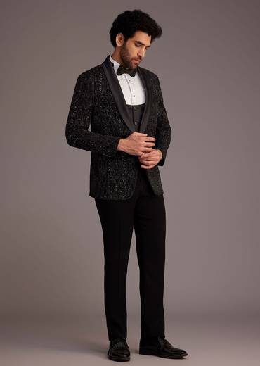 Black Tuxedo With Embellished Jacket And Satin Lapel
