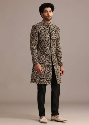 Gold Hand Embroidered Silk Sherwani Suit