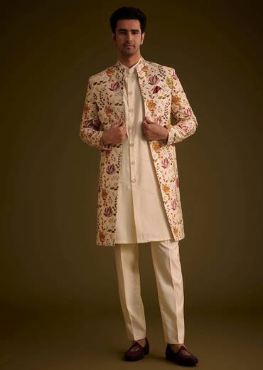 beige silk indowestern set with self work-sg253103 5