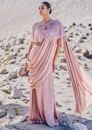 Beige Satin Draped Saree With Pleated Blouse And Embroidered Cape