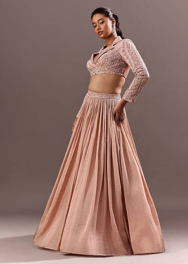 Peach Embroidered Ruched Lehenga With Collar Neck Blouse And Dupatta