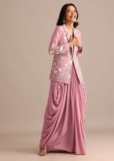 Onion Pink Crepe Pleated Gown With Embroidered Jacket