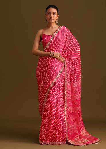 Hot Pink Lehariya Saree In Gota Patti Work With Unstitched Blouse