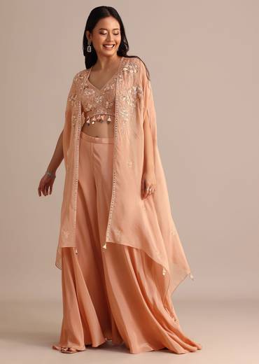 Peach Organza Crop Top Suit With Embroidered Jacket