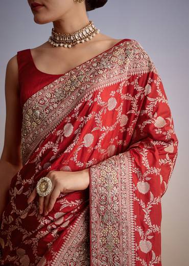 Red Dola Silk Saree With Floral Jaal Work