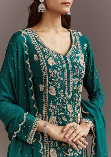 Teal Green Cutdana And Sequins Kurta Sharara With Dupatta