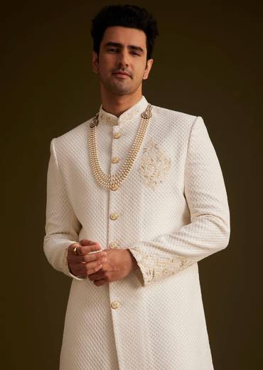 Ivory Embroidered Sherwani Set With Pearl Detailing