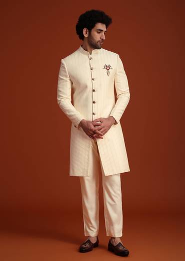 Beige Silk Threadwork Sherwani With Dhagai Work