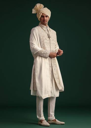 Off White Silk Threadwork Sherwani Suit With Dupatta And Mala