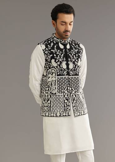 White Silk Kurta Set With Black Dori And Zardosi Jacket