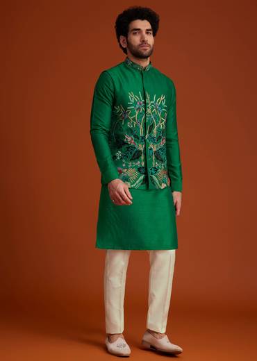 Green Floral Resham Embroidered Kurta Jacket Set
