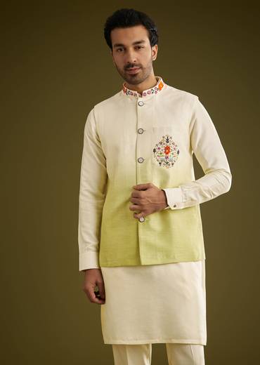 Pista Ombre Green Silk Kurta Jacket Set With Thread Work