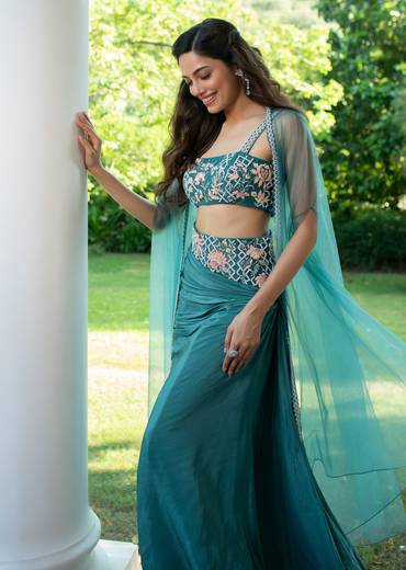 Blue Hand Embroidered Blouse And Drape Skirt With Cape