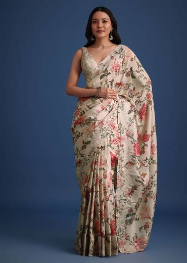 Beige Tissue Muslin Saree With Pitta Work And Digital Print