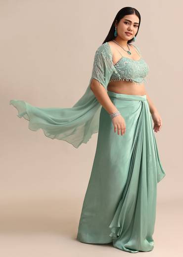 Blue Pleated Drape Skirt And Embellished Cape With Tassels