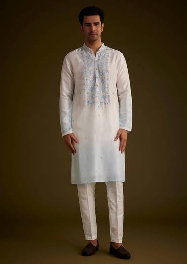 Cream To Blue Ombre Silk Kurta Set With Mirror Embroidery