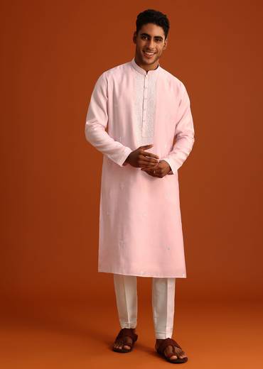 Baby Pink Hand Embroidered Kurta Set In Silk