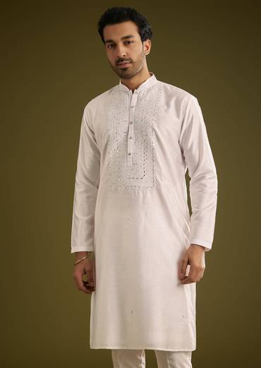 Off White Silk Kurta Set With Thread And Mirror Work