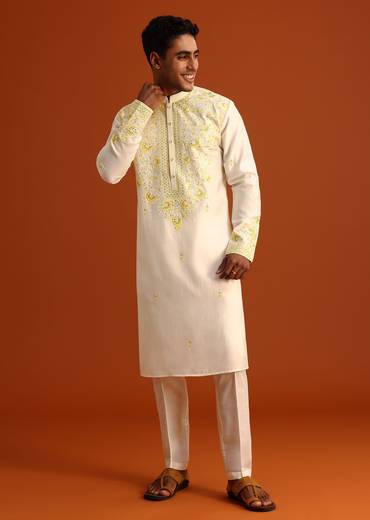 Beige Silk Kurta Set With Printed And Embroidered Work