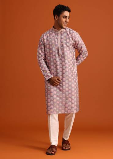 Lavender Silk Kurta And Pant Set With Printed Work