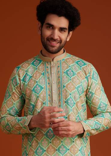 Green Floral Geometric Printed Kurta Pajama Set