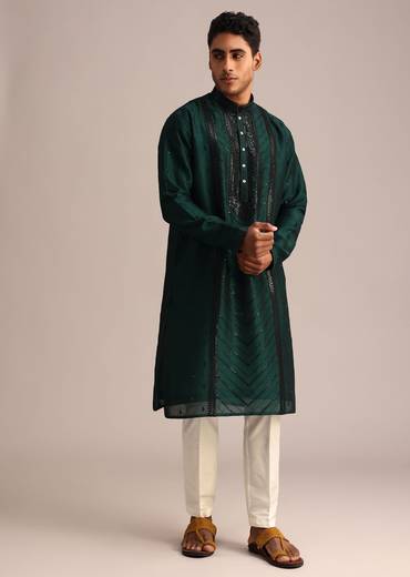Bottle Green Silk Kurta Set With Sequin Work
