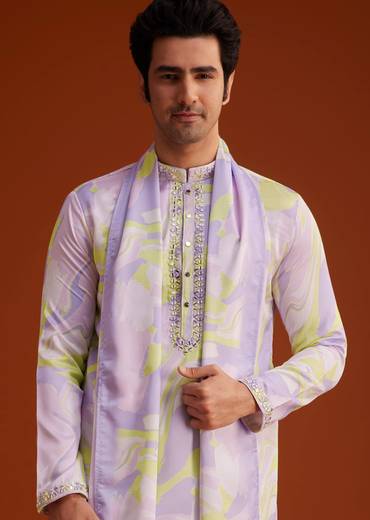 Multicolour Marble Printed Silk Kurta Set