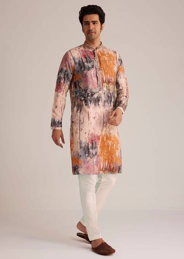 Multicolour Printed Silk Kurta Set With Mirror Work