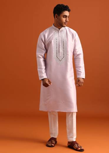 Lilac Kurta Pant Set In Silk With Mirror Embellishments