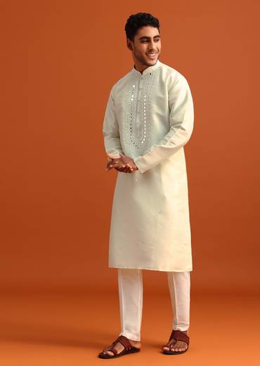 Pista Green Kurta Set In Silk With Mirror Embellishments