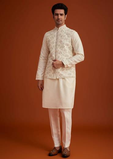 Off White Cotton Silk Jacket Set With Floral Zari Work