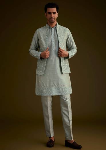 Pista Green Silk Jacket Set With Resham And Mirror Work