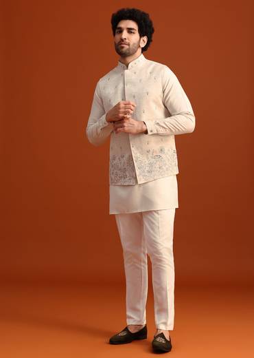 Beige Linen Silk Jacket Kurta And Jacket Set With Aari Work