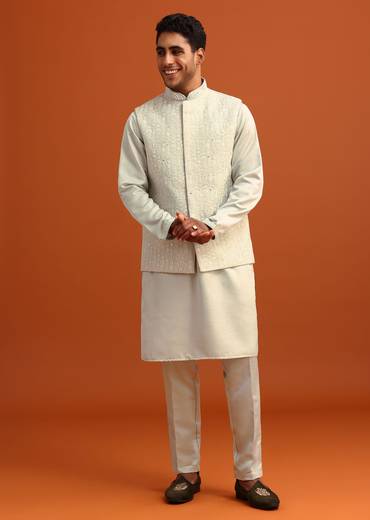 Pista Green Linen Satin Mirror Work Jacket Kurta Set
