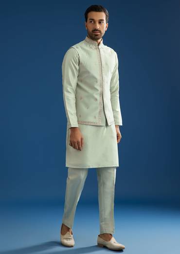 Grey Cotton Silk Kurta Jacket Set With Mirror Embroidery