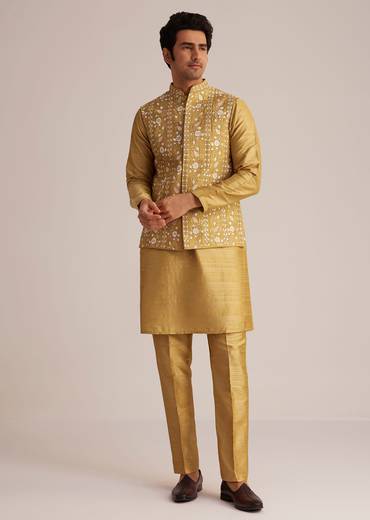 Yellow Kurta Pant Set With Embroidered Nehru Jacket