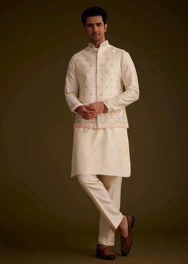 Off White Cotton Silk Jacket Set With Multicolored Floral Embroidery