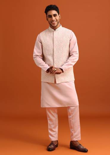 Peach Green Linen Silk Mirror Work Jacket Kurta Set