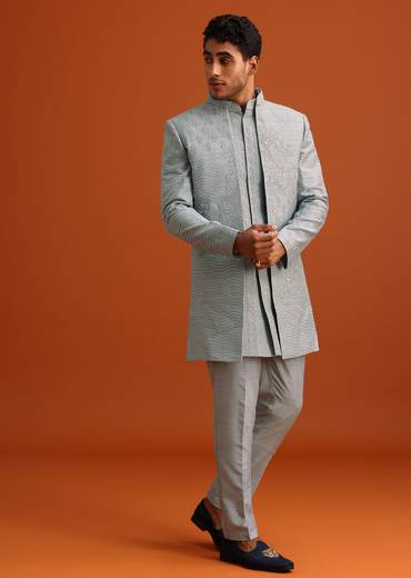 Grey Cotton Silk Sherwani Set With Resham Work