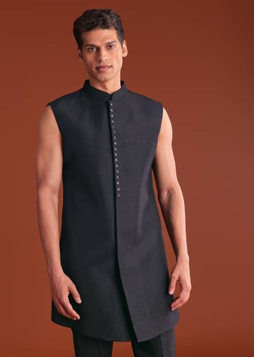 Black Cotton Silk Sherwani Suit With Floral Embroidery