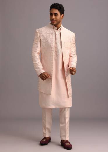 Peach Silk Thread Resham Work Sherwani Set