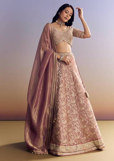 Elegant Couple Set – Light Pink Banarasi Silk Lehenga Set with Embroidered Choli for Her And Pink Silk Kurta Set with Mirror Geometric Print for Him