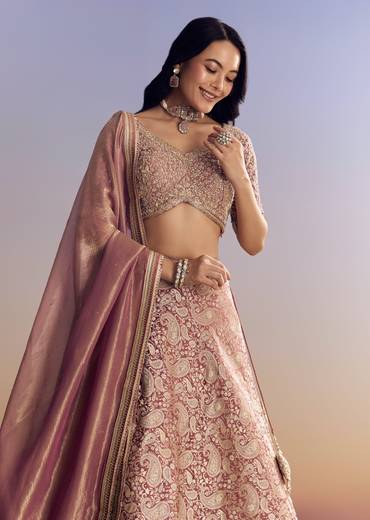 Elegant Couple Set – Light Pink Banarasi Silk Lehenga Set with Embroidered Choli for Her And Pink Silk Kurta Set with Mirror Geometric Print for Him
